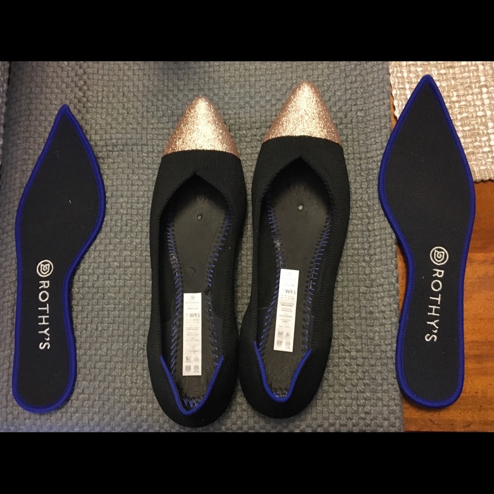 Custom gold Captoe EEEUC Rothy’s Black Point - Picture 2 of 3